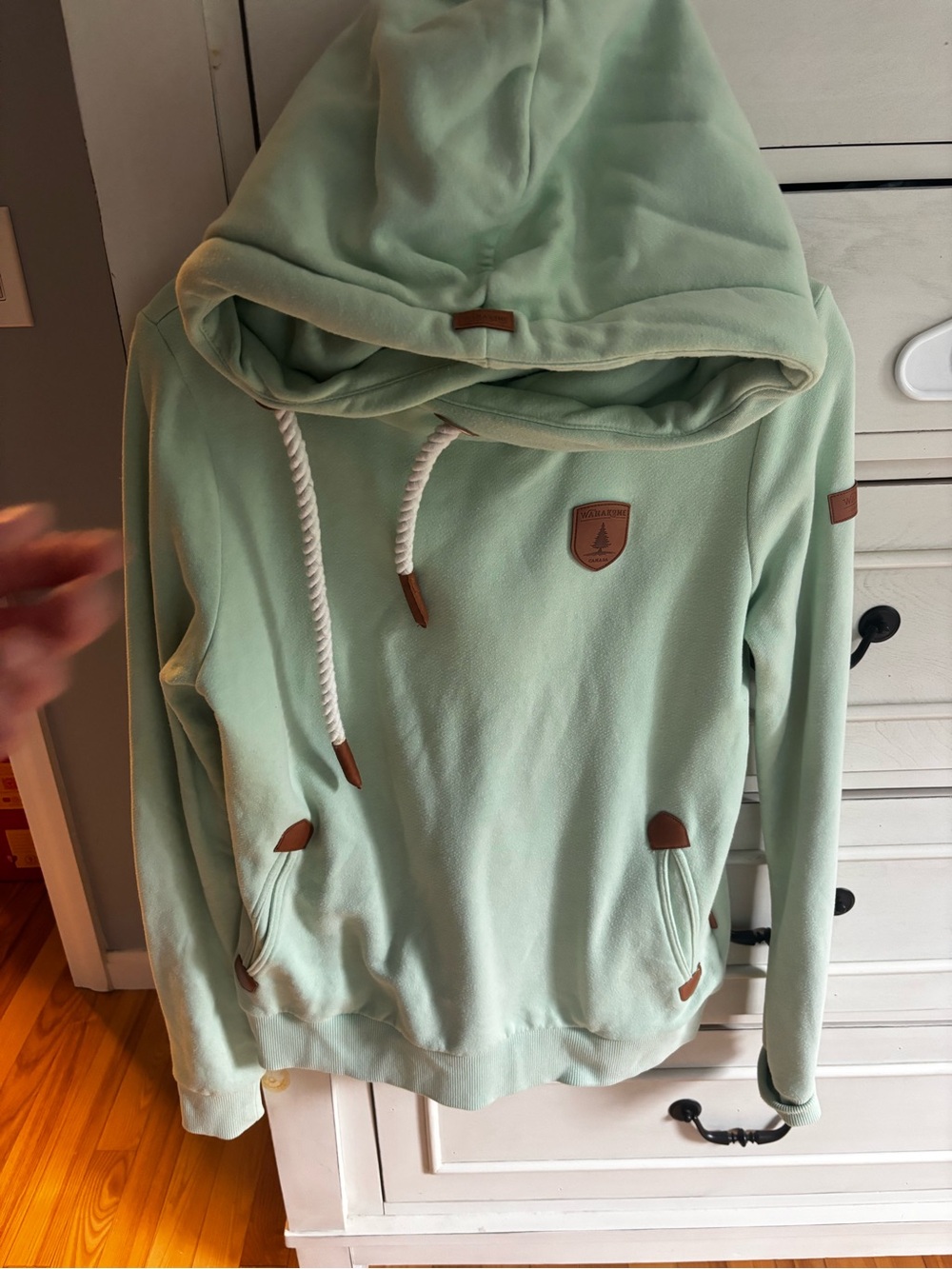 Wanakome Mint Green Hoodie with Brown Leather Logo Patch